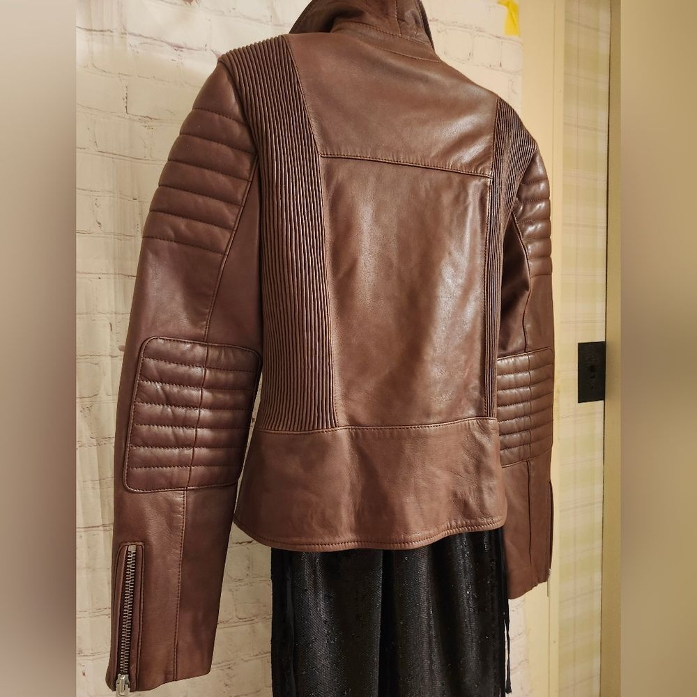 AllSaints “Alder Biker" Brown Buttery Leather Moto Jacket US 6/ EU 38 Ret. $499 - Picture 8 of 14